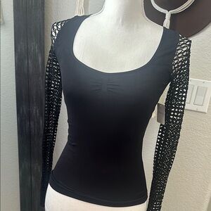 Free People Black Lace / Knit Sleeve Top